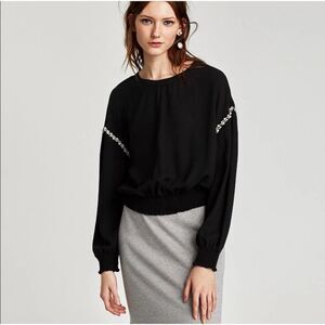 Zara GUC Semi Sheer Back Tie Black Blouse With Pearls Size S